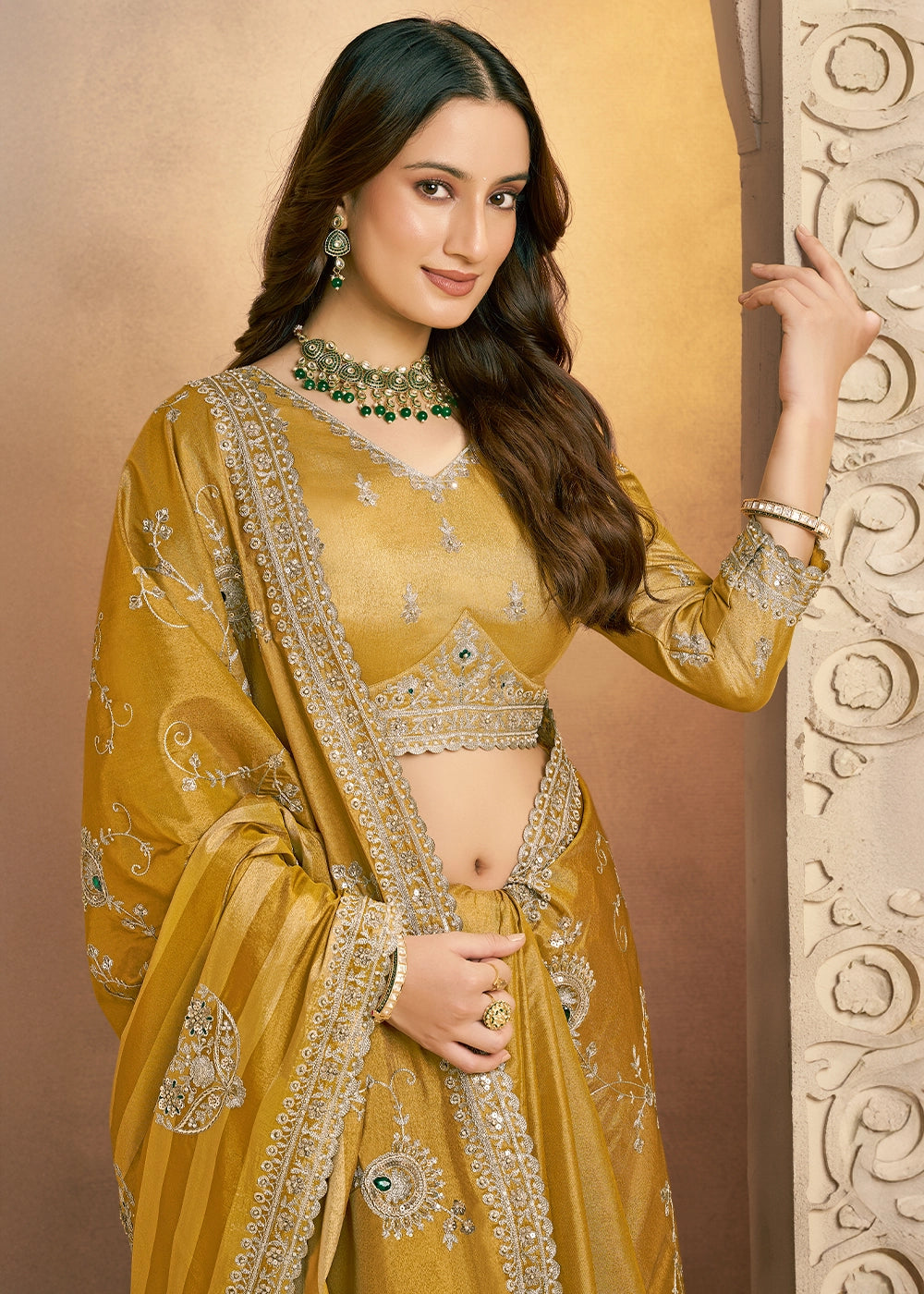 Mustard Yellow Kanjivaram Silk Saree with Aari & Sequin Work