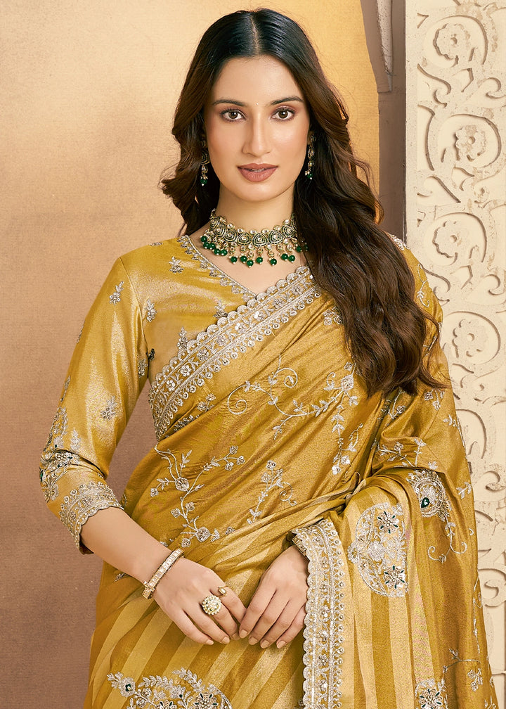 Mustard Yellow Kanjivaram Silk Saree with Aari & Sequin Work