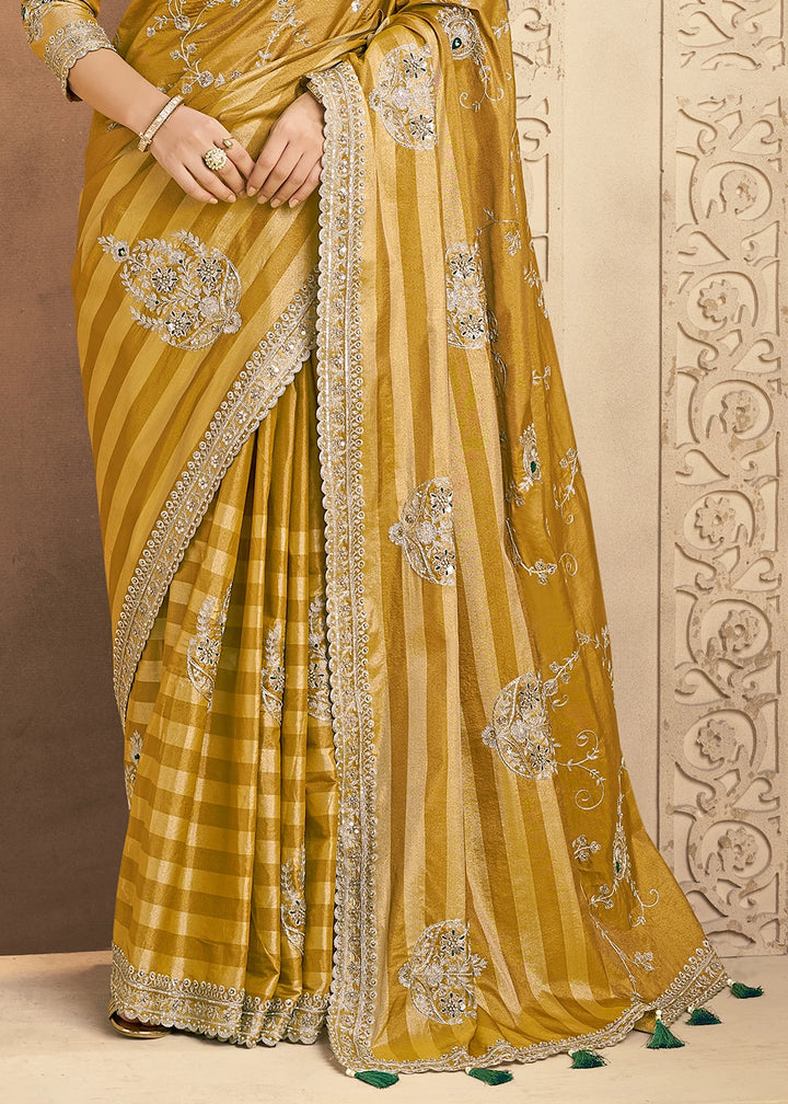 Mustard Yellow Kanjivaram Silk Saree with Aari & Sequin Work