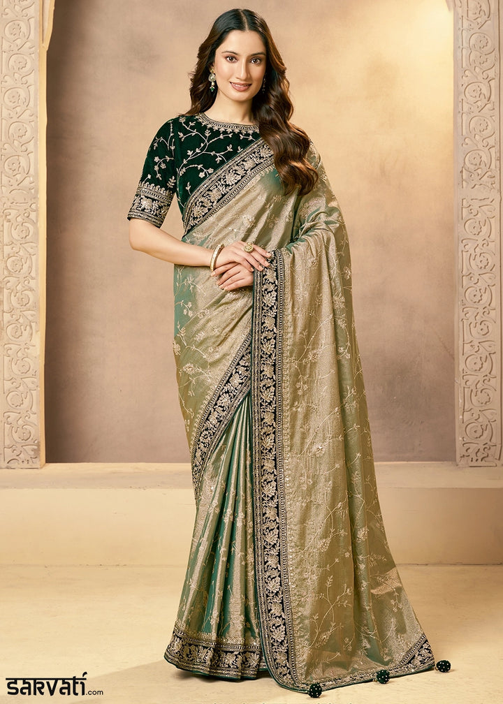 Shades Of Green Kora Tissue Silk Saree with Zardosi & Sequin Work