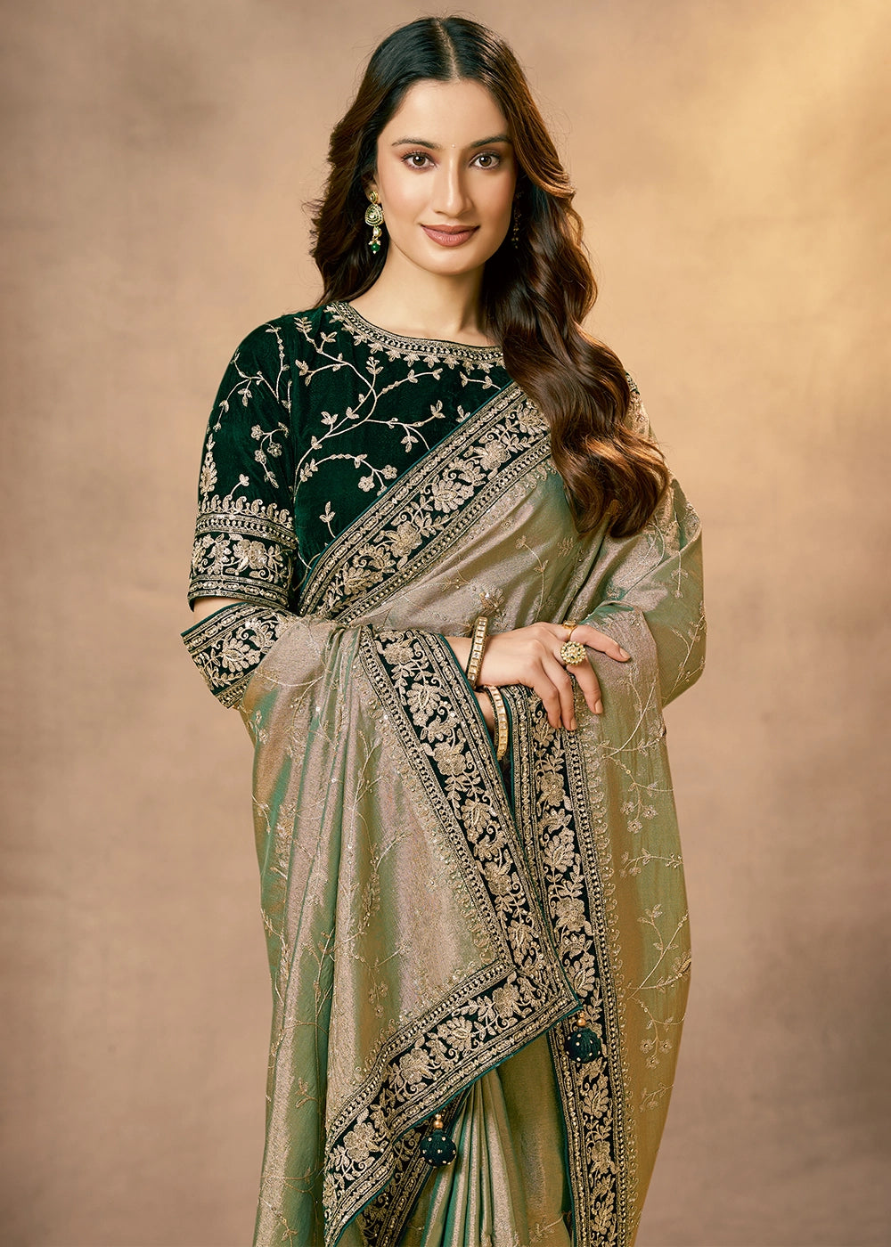 Shades Of Green Kora Tissue Silk Saree with Zardosi & Sequin Work