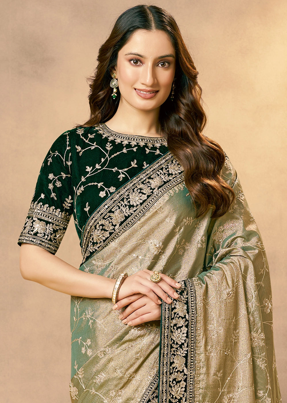 Shades Of Green Kora Tissue Silk Saree with Zardosi & Sequin Work