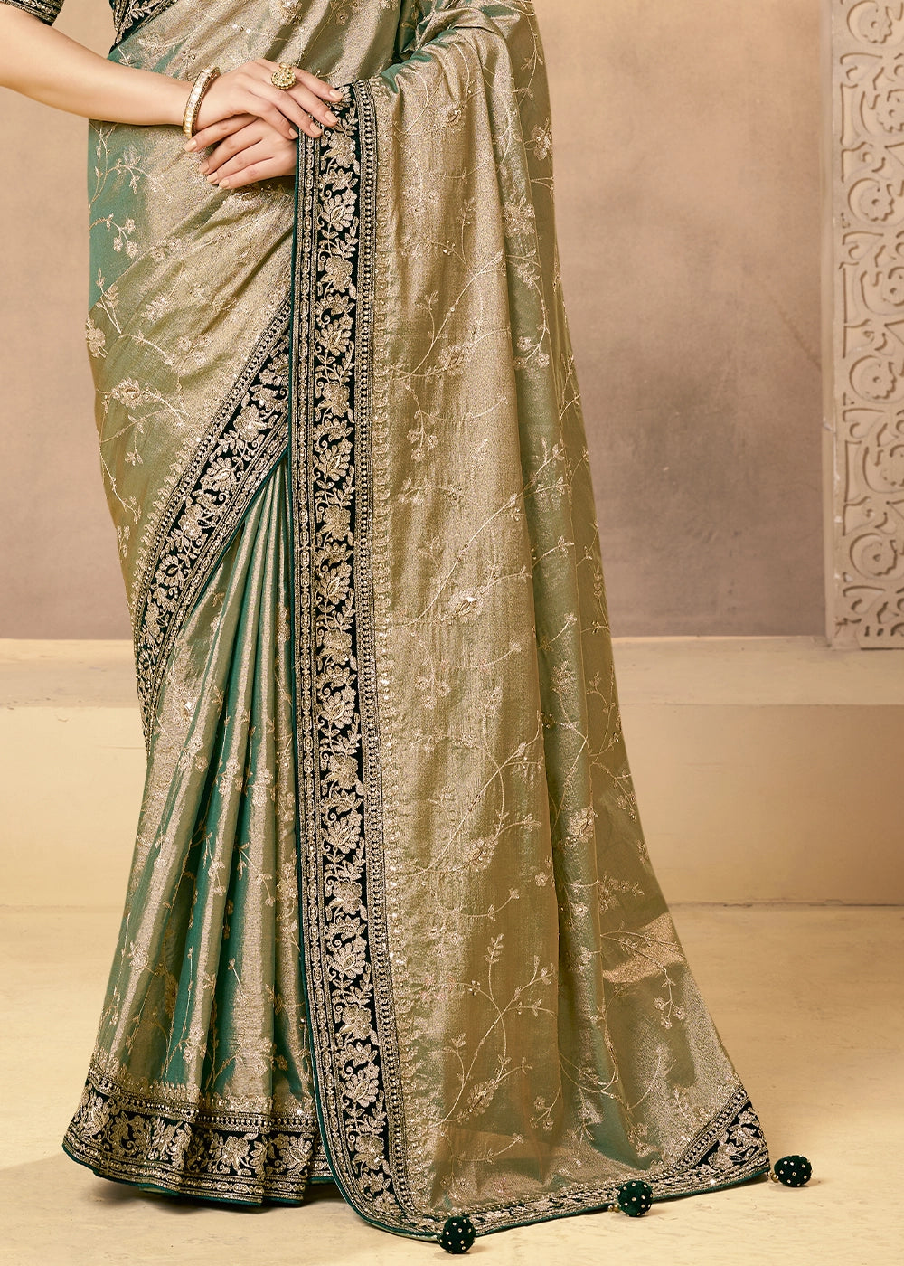 Shades Of Green Kora Tissue Silk Saree with Zardosi & Sequin Work