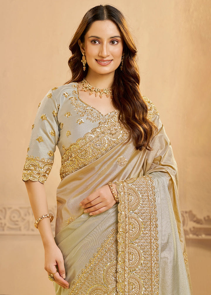 Metallic Silver Kora Silk Saree with Zardosi & Sequin Work