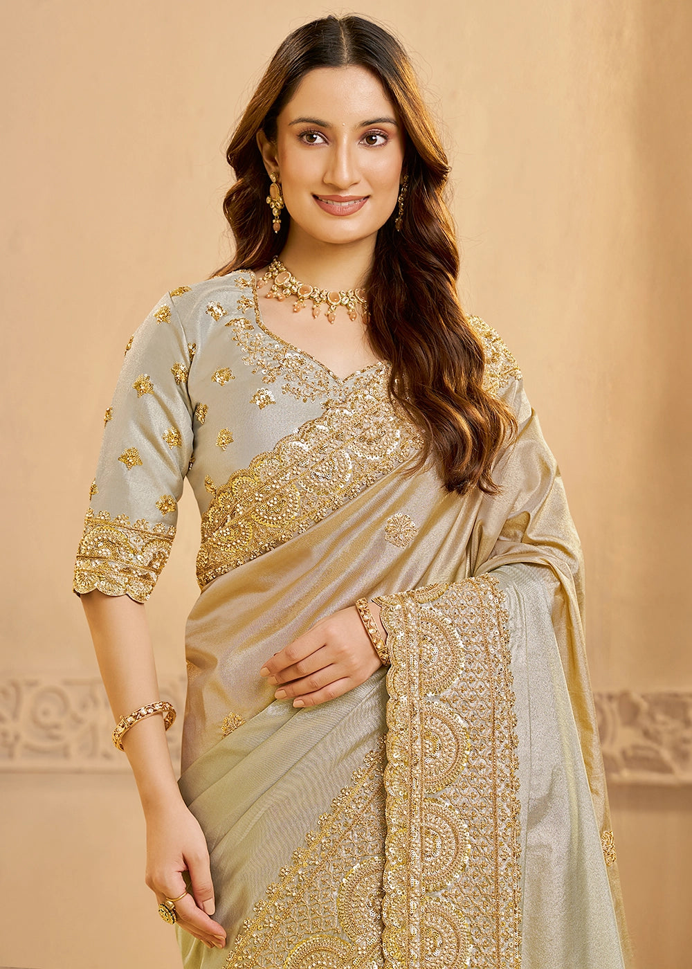 Metallic Silver Kora Silk Saree with Zardosi & Sequin Work