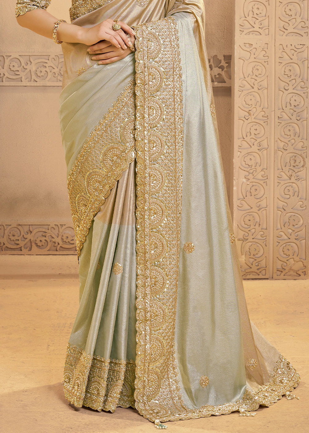 Metallic Silver Kora Silk Saree with Zardosi & Sequin Work
