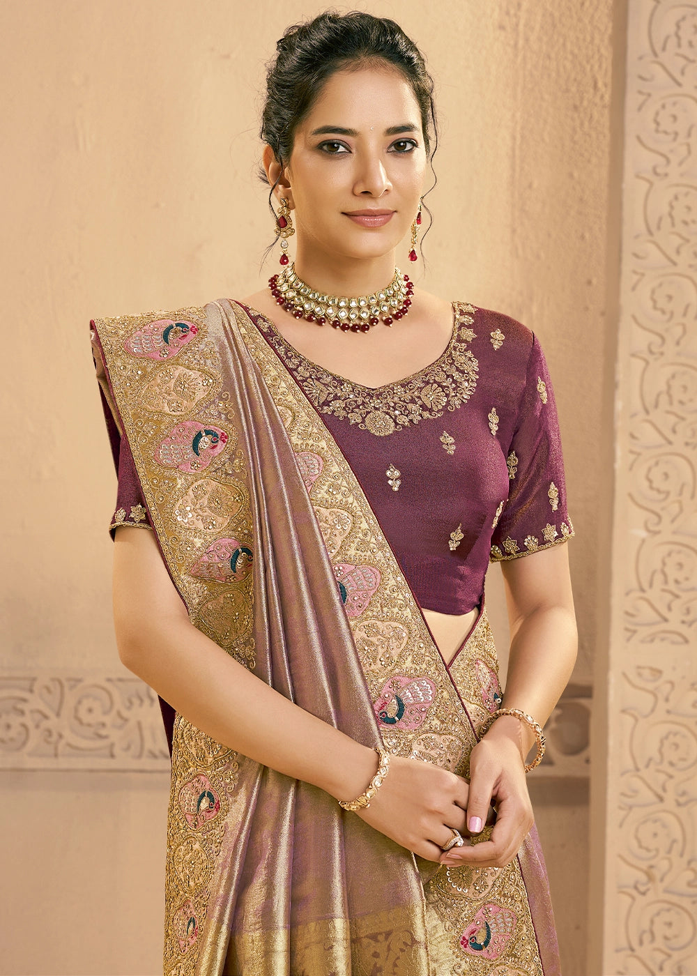 Shades Of Purple Tissue Silk Saree with Cutdana & Hand Work