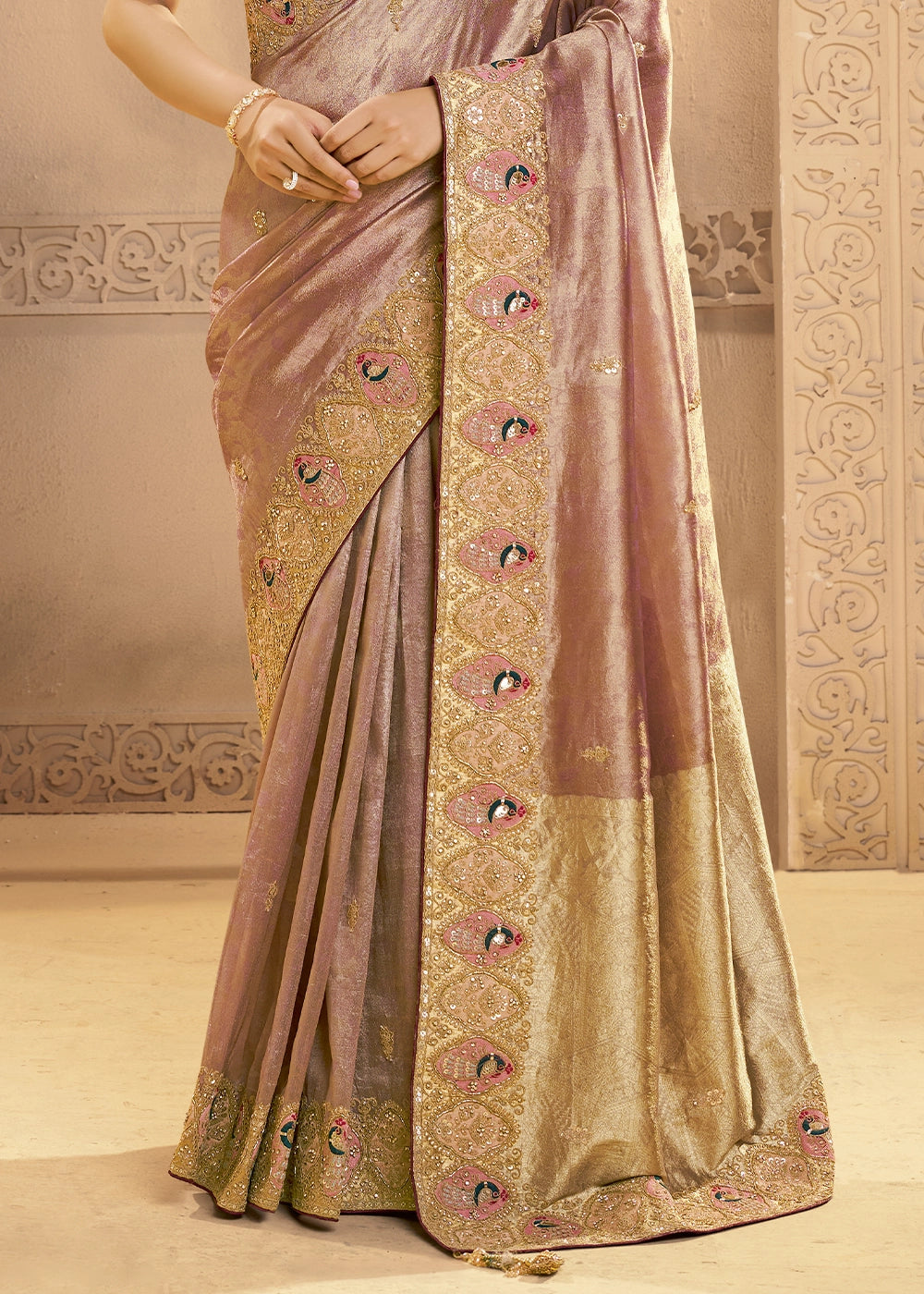 Shades Of Purple Tissue Silk Saree with Cutdana & Hand Work