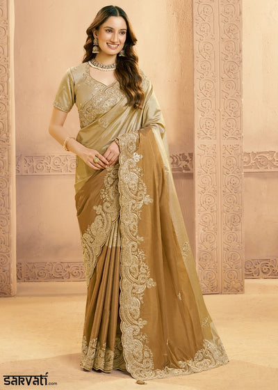 Shades Of Brown Kora Silk Saree with Beads & Sequin Work