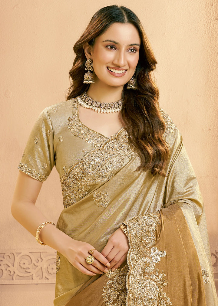 Shades Of Brown Kora Silk Saree with Beads & Sequin Work