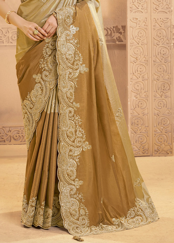 Shades Of Brown Kora Silk Saree with Beads & Sequin Work