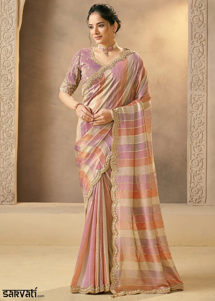 Pink & Purple Tissue Silk Saree with Pearls, Beads & Sequin Work