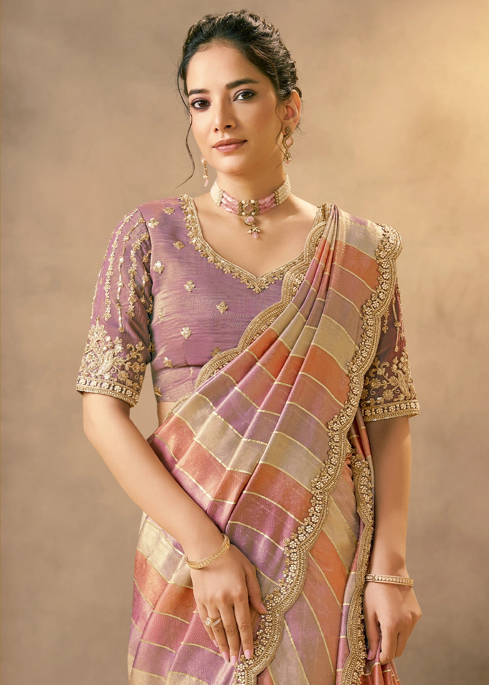 Pink & Purple Tissue Silk Saree with Pearls, Beads & Sequin Work