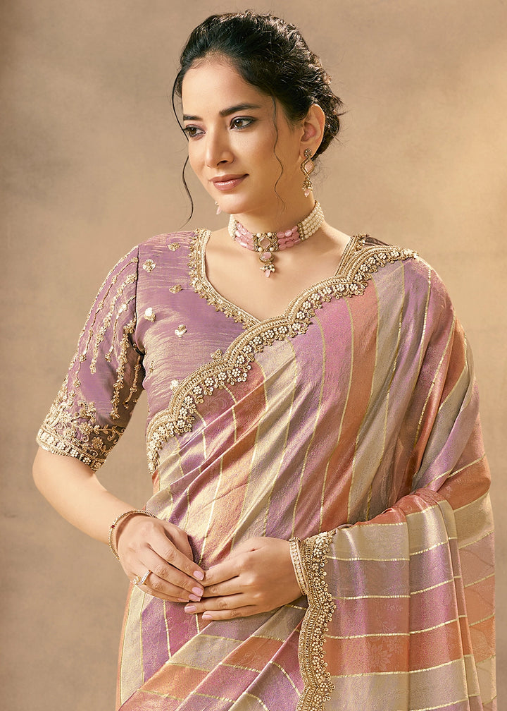 Pink & Purple Tissue Silk Saree with Pearls, Beads & Sequin Work