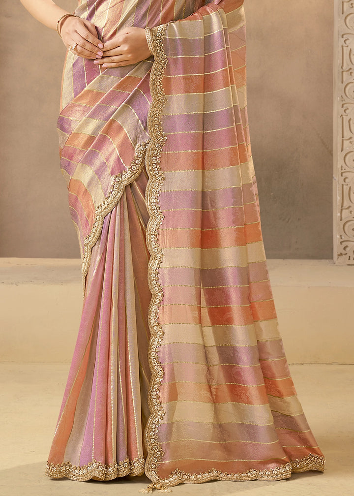 Pink & Purple Tissue Silk Saree with Pearls, Beads & Sequin Work