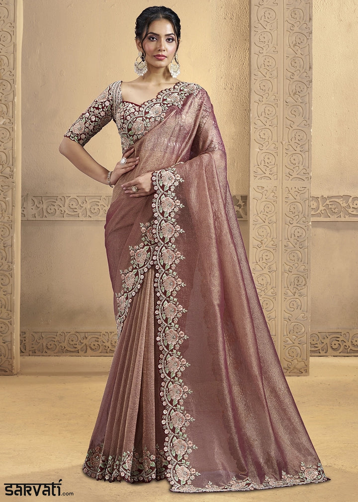 Royal Blush Pink Banarasi Crush Silk Saree with Moti & Sequin Work