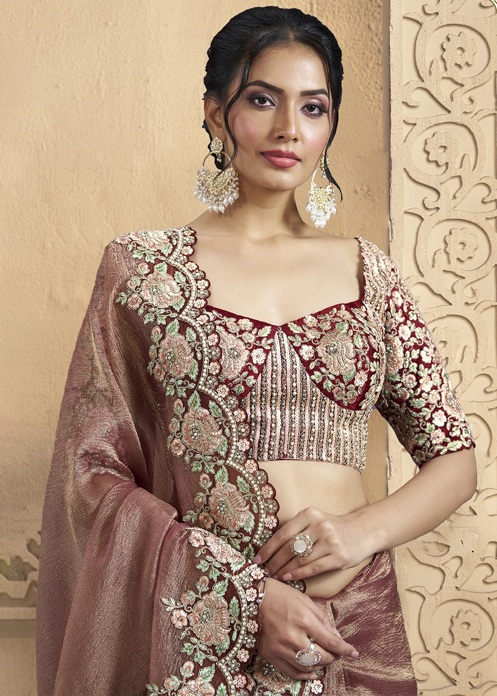 Royal Blush Pink Banarasi Crush Silk Saree with Moti & Sequin Work