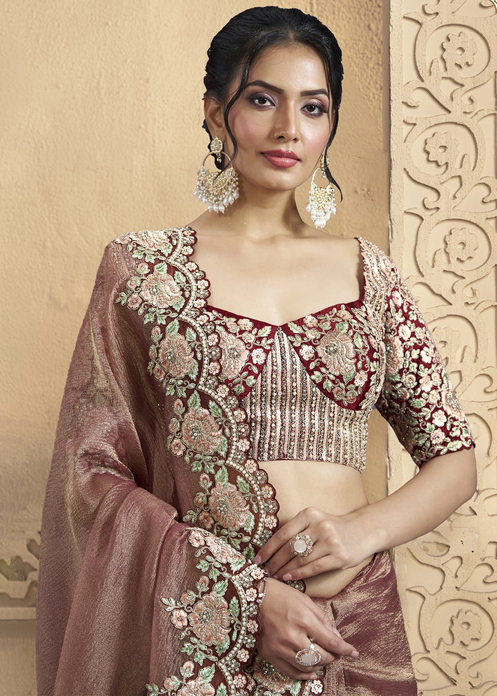 Royal Blush Pink Banarasi Crush Silk Saree with Moti & Sequin Work