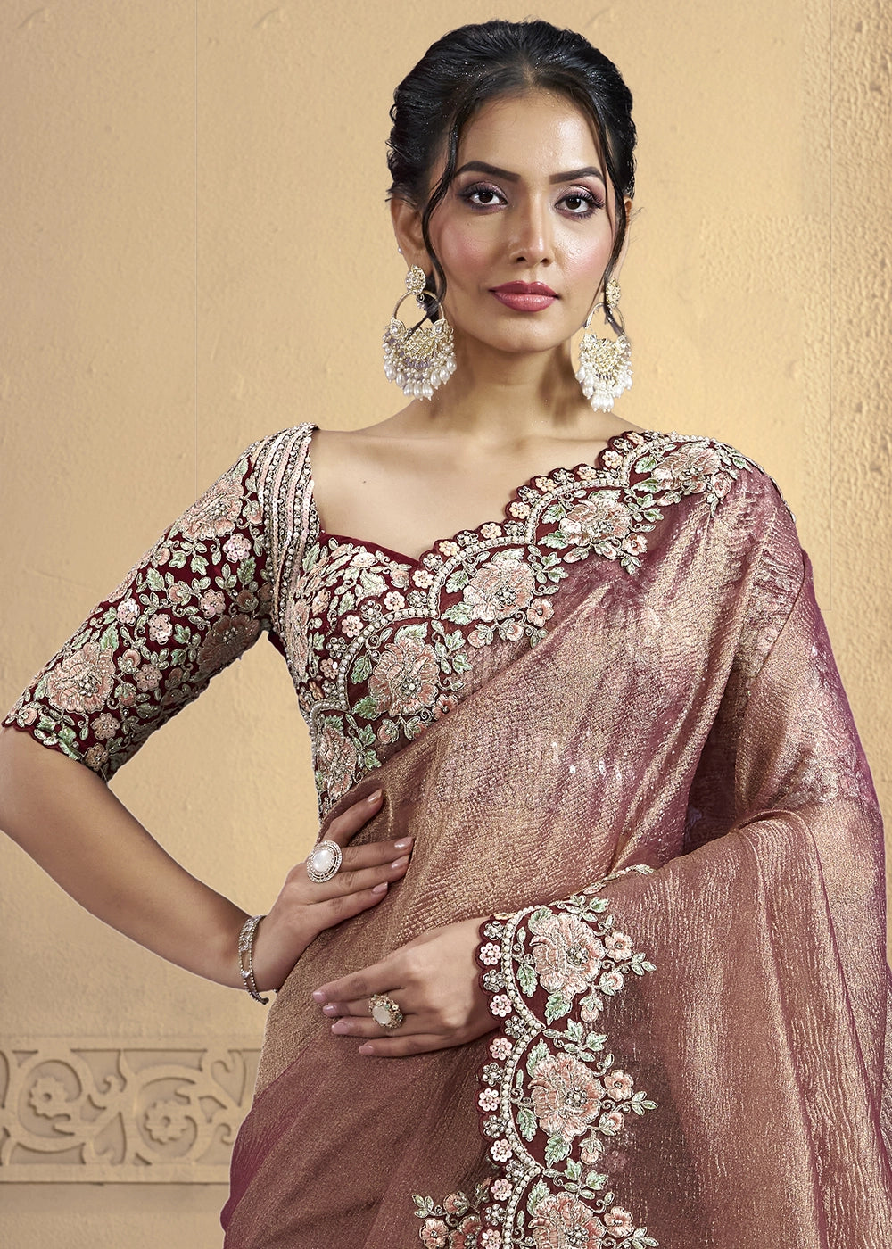 Royal Blush Pink Banarasi Crush Silk Saree with Moti & Sequin Work