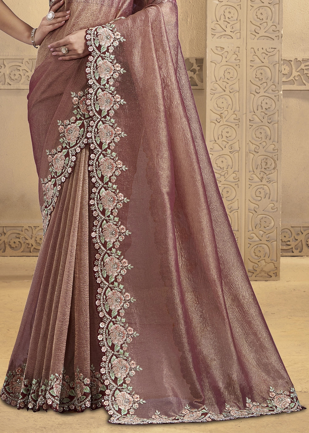 Royal Blush Pink Banarasi Crush Silk Saree with Moti & Sequin Work