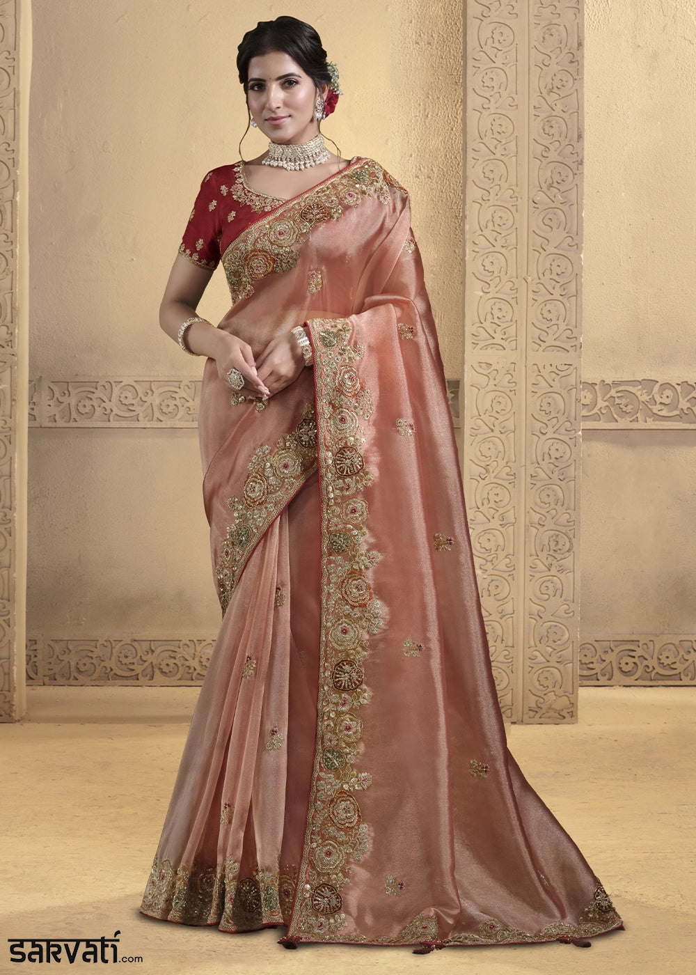 Rouge Pink Tissue Silk Saree with Khatli & Sequin Work