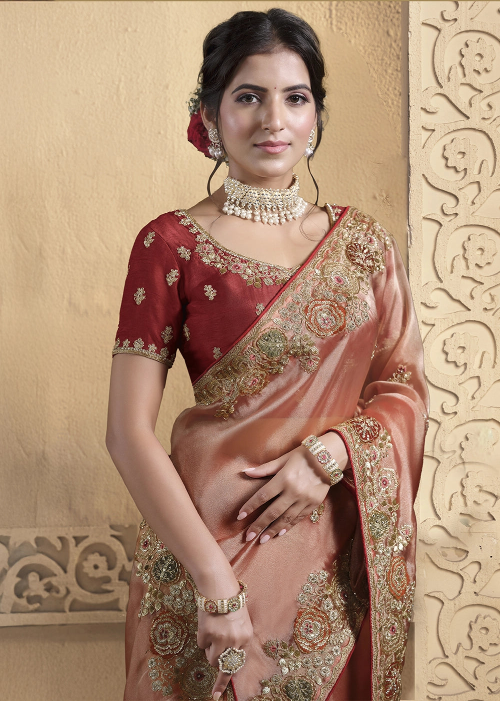 Rouge Pink Tissue Silk Saree with Khatli & Sequin Work