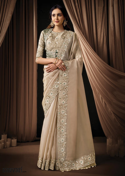 Beige Brown Organza Satin Saree with Intricate Sequin & Stone Work