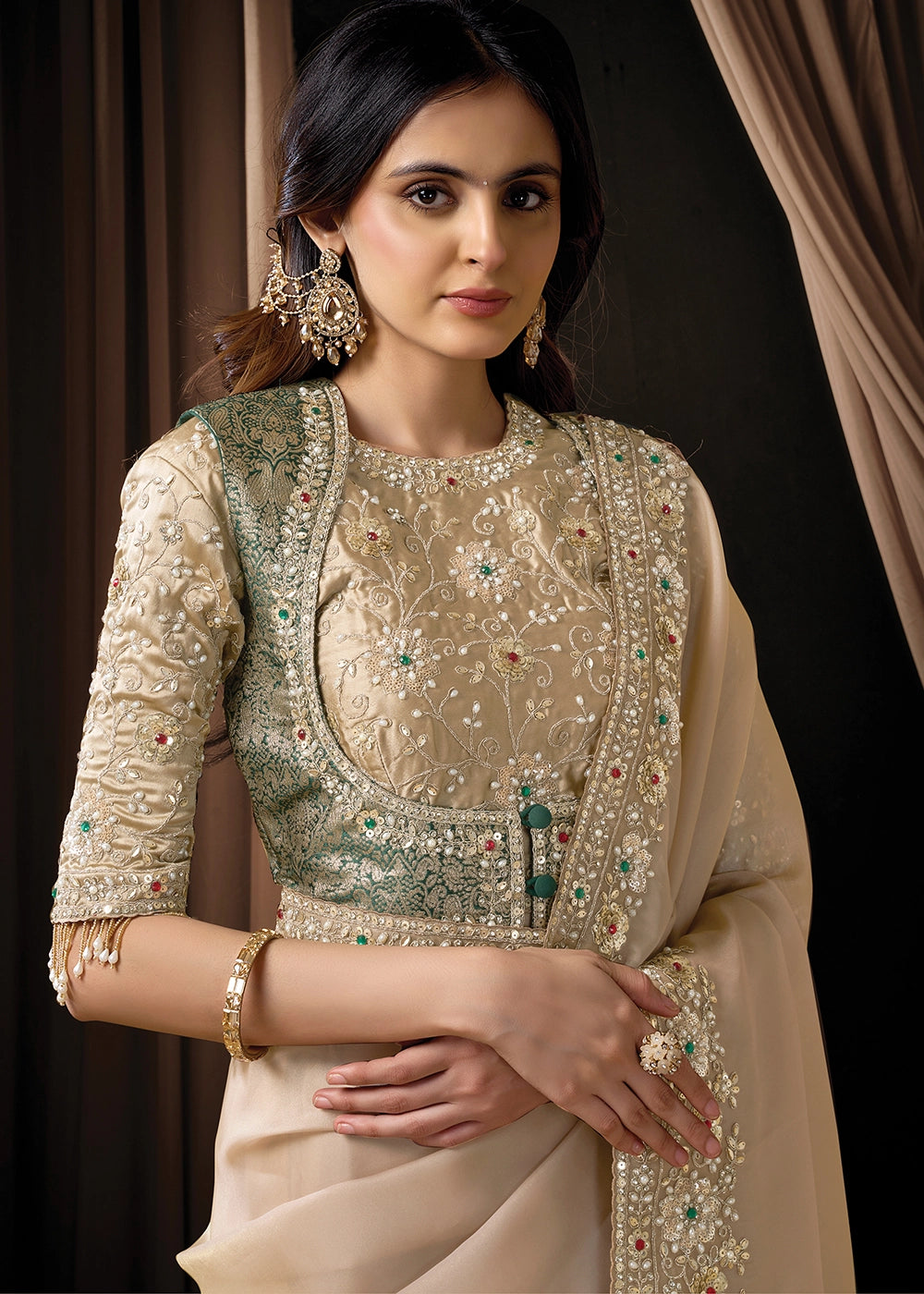 Beige Brown Organza Satin Saree with Intricate Sequin & Stone Work