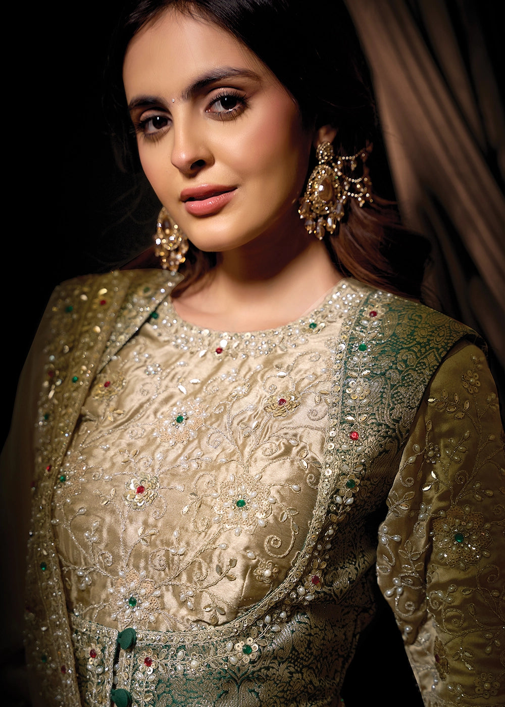 Beige Brown Organza Satin Saree with Intricate Sequin & Stone Work