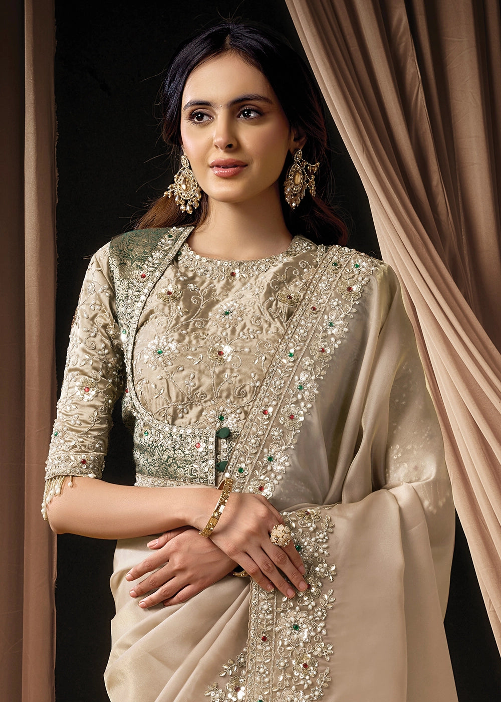 Beige Brown Organza Satin Saree with Intricate Sequin & Stone Work