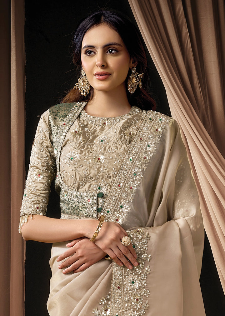 Beige Brown Organza Satin Saree with Intricate Sequin & Stone Work