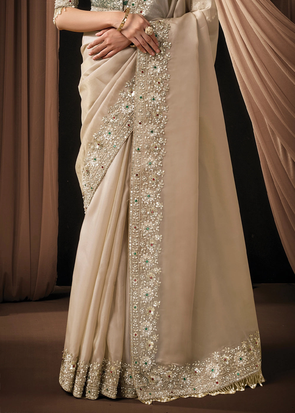 Beige Brown Organza Satin Saree with Intricate Sequin & Stone Work
