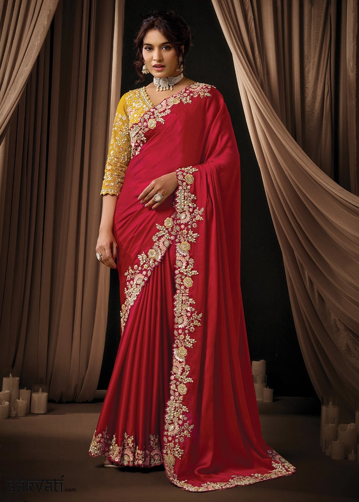 Crimson Red Satin Silk Saree with Sequin, Pearls & Thread Work