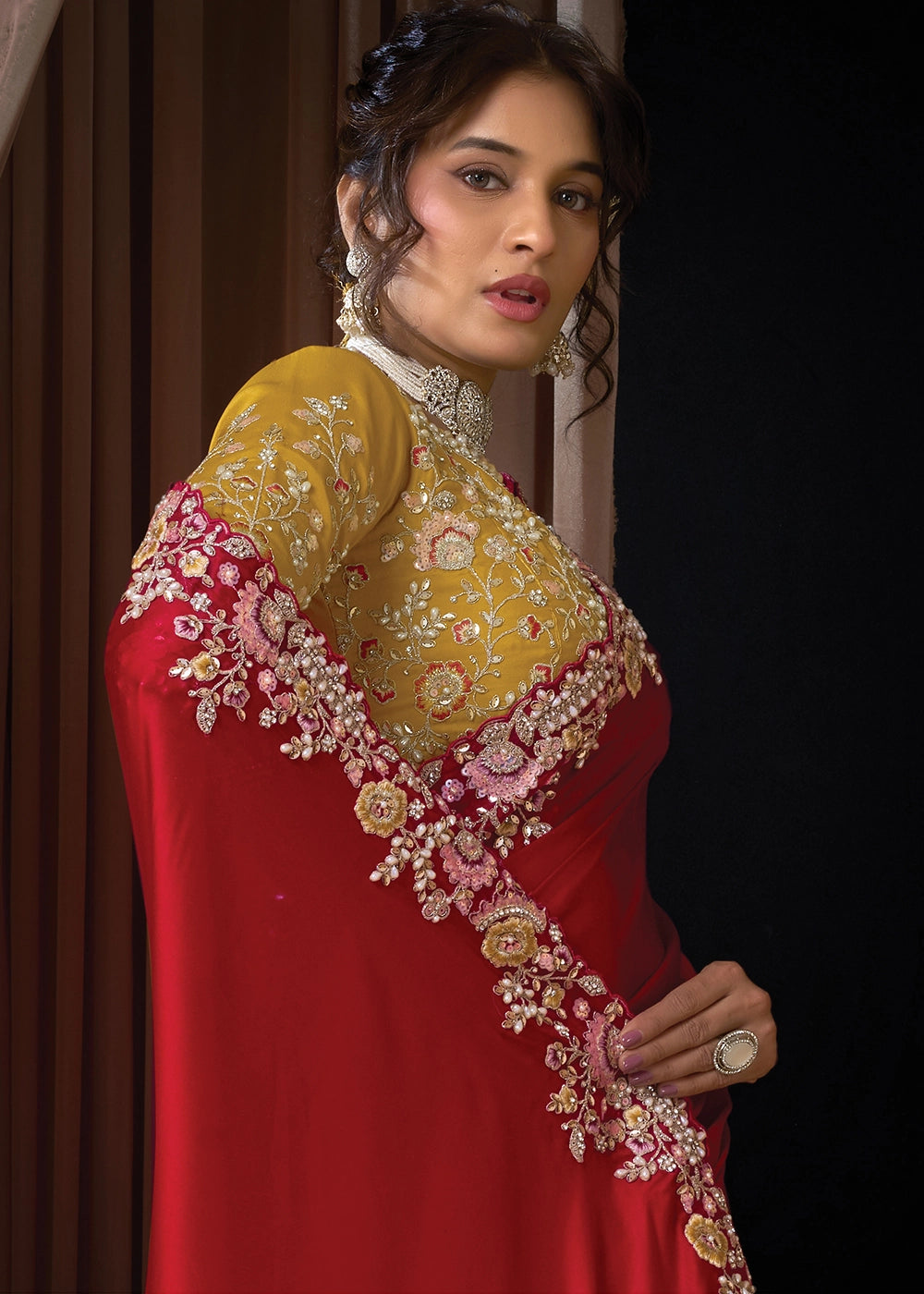 Crimson Red Satin Silk Saree with Sequin, Pearls & Thread Work