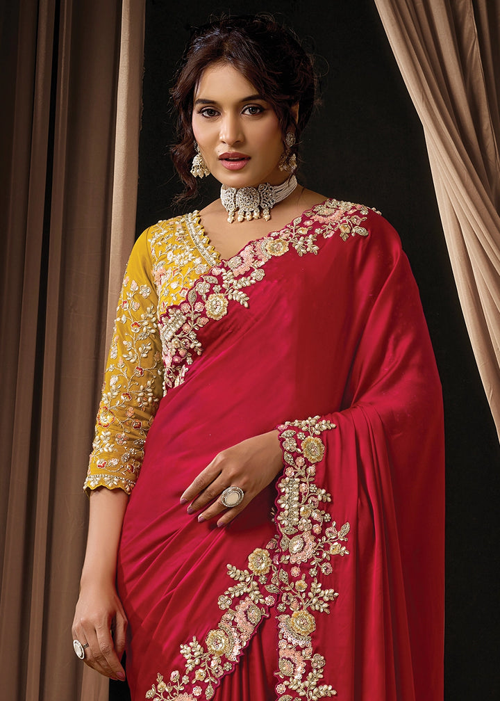 Crimson Red Satin Silk Saree with Sequin, Pearls & Thread Work