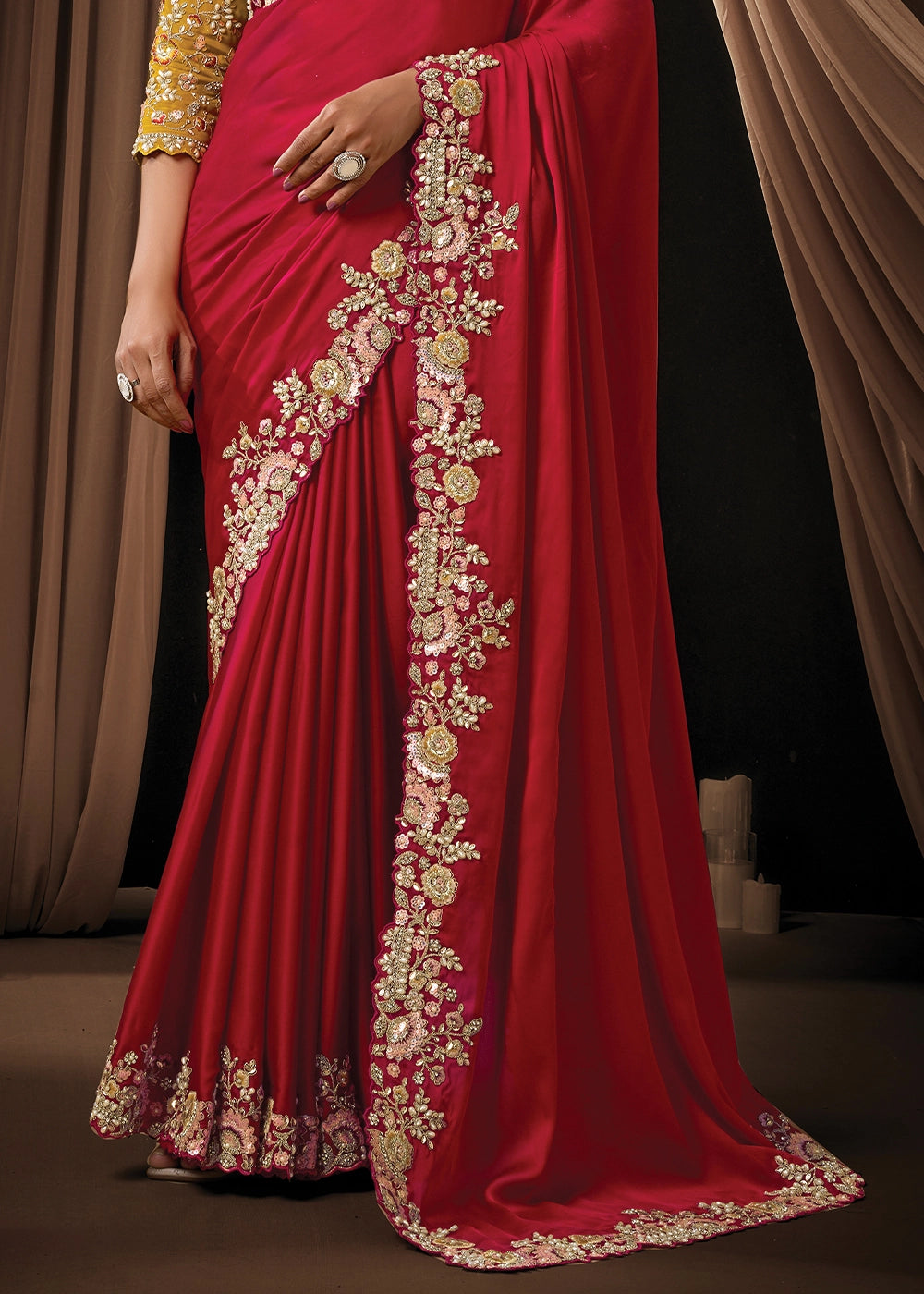 Crimson Red Satin Silk Saree with Sequin, Pearls & Thread Work