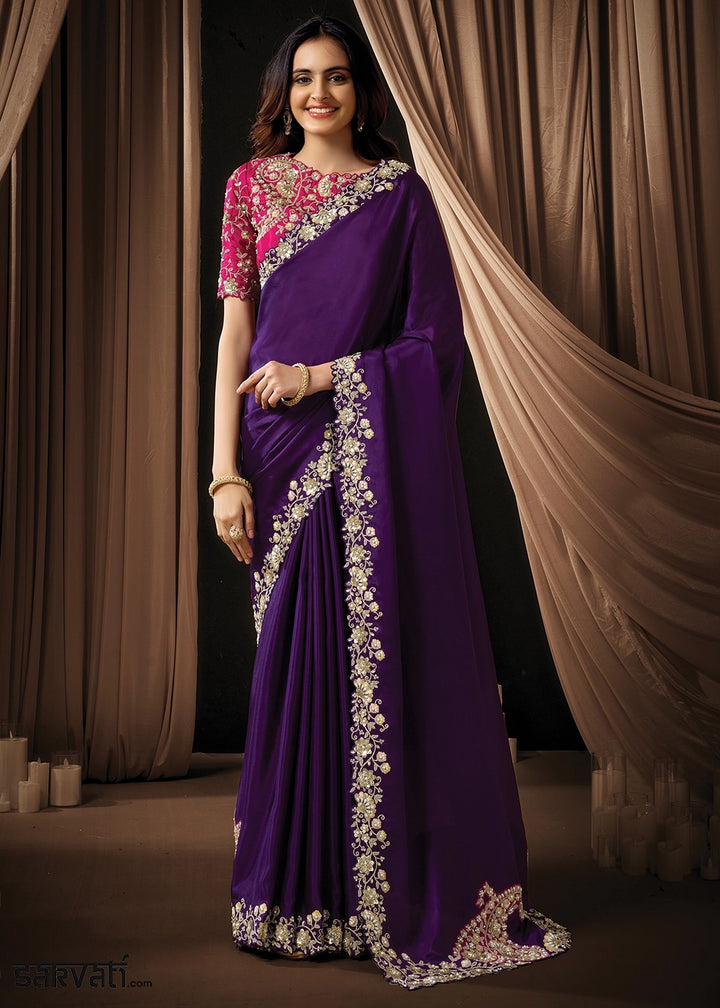 Plum Purple Uppada Silk Saree with Intricate Sequin & Stone Work