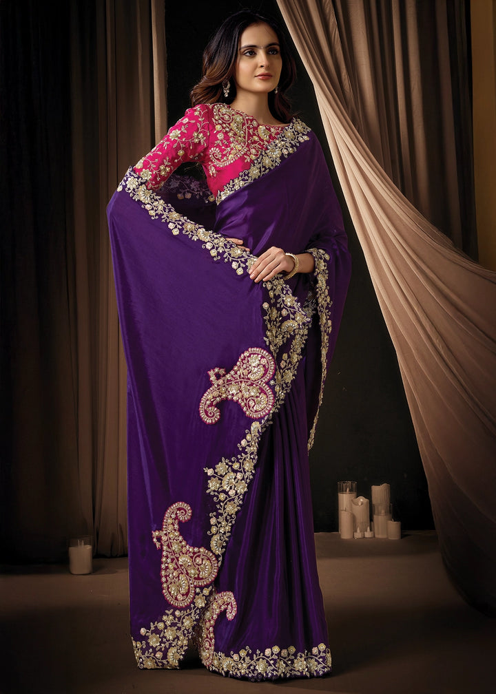 Plum Purple Uppada Silk Saree with Intricate Sequin & Stone Work