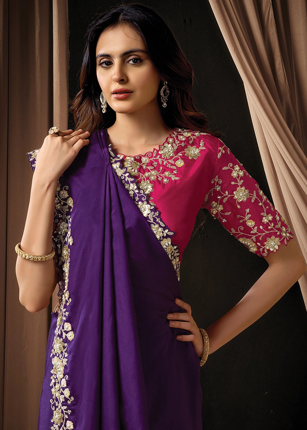 Plum Purple Uppada Silk Saree with Intricate Sequin & Stone Work