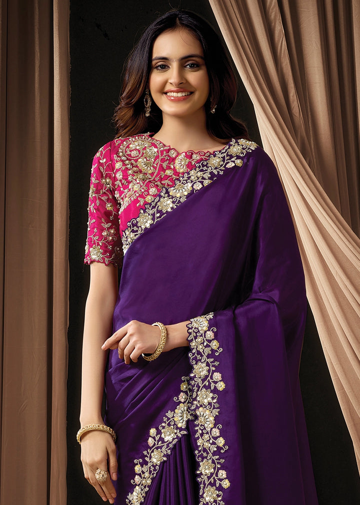 Plum Purple Uppada Silk Saree with Intricate Sequin & Stone Work