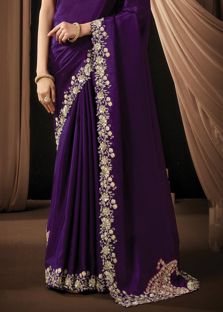 Plum Purple Uppada Silk Saree with Intricate Sequin & Stone Work