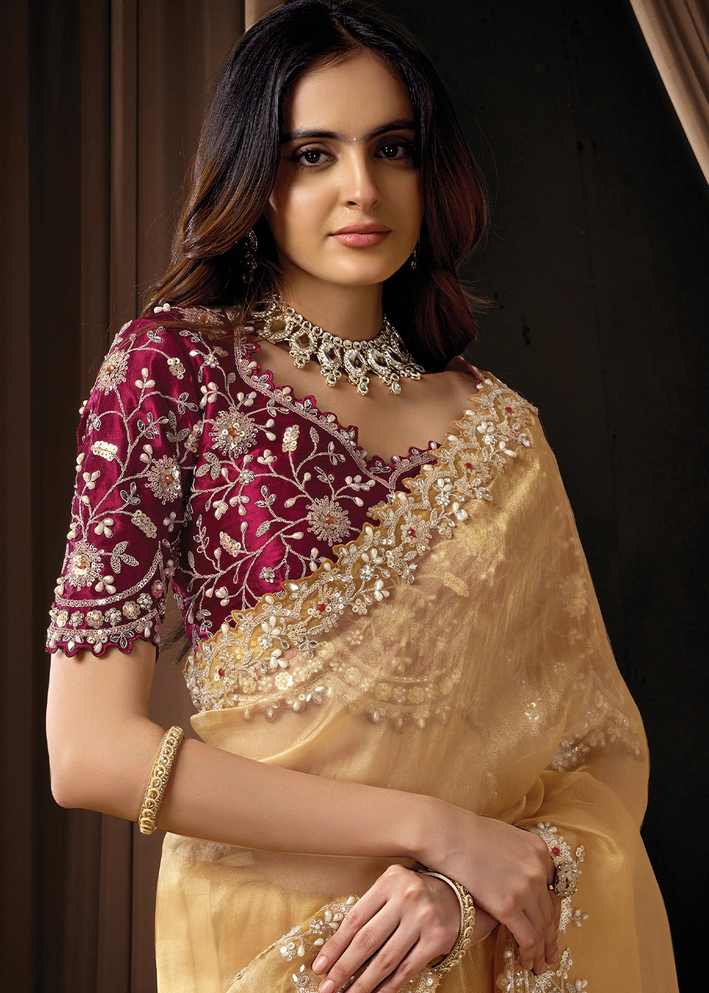 Light Brown Organza Tissue Saree with Intricate Sequin & Stone Work
