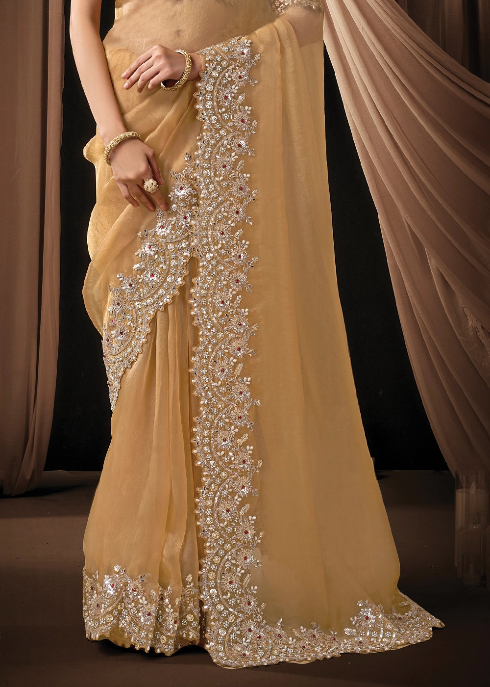 Light Brown Organza Tissue Saree with Intricate Sequin & Stone Work