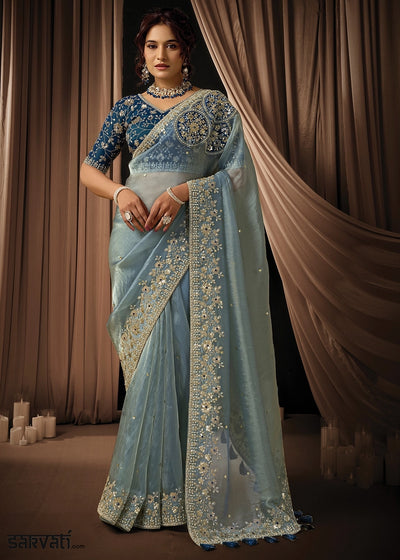 Light Blue Organza Satin Saree with Intricate Sequins, Pearls & Stone Work