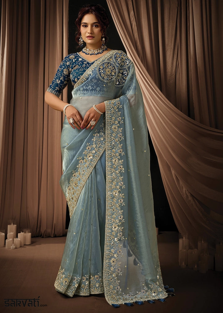 Light Blue Organza Satin Saree with Intricate Sequins, Pearls & Stone Work