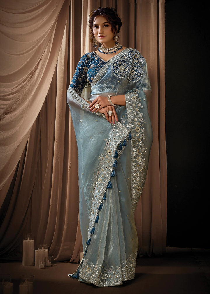 Light Blue Organza Satin Saree with Intricate Sequins, Pearls & Stone Work