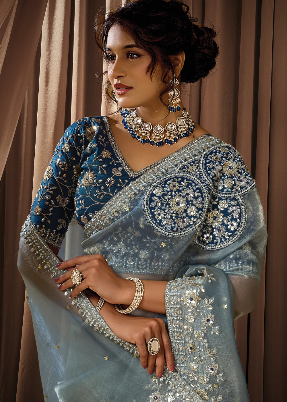Light Blue Organza Satin Saree with Intricate Sequins, Pearls & Stone Work