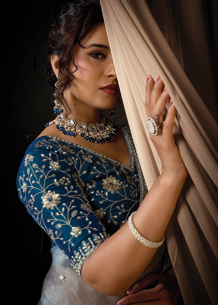 Light Blue Organza Satin Saree with Intricate Sequins, Pearls & Stone Work