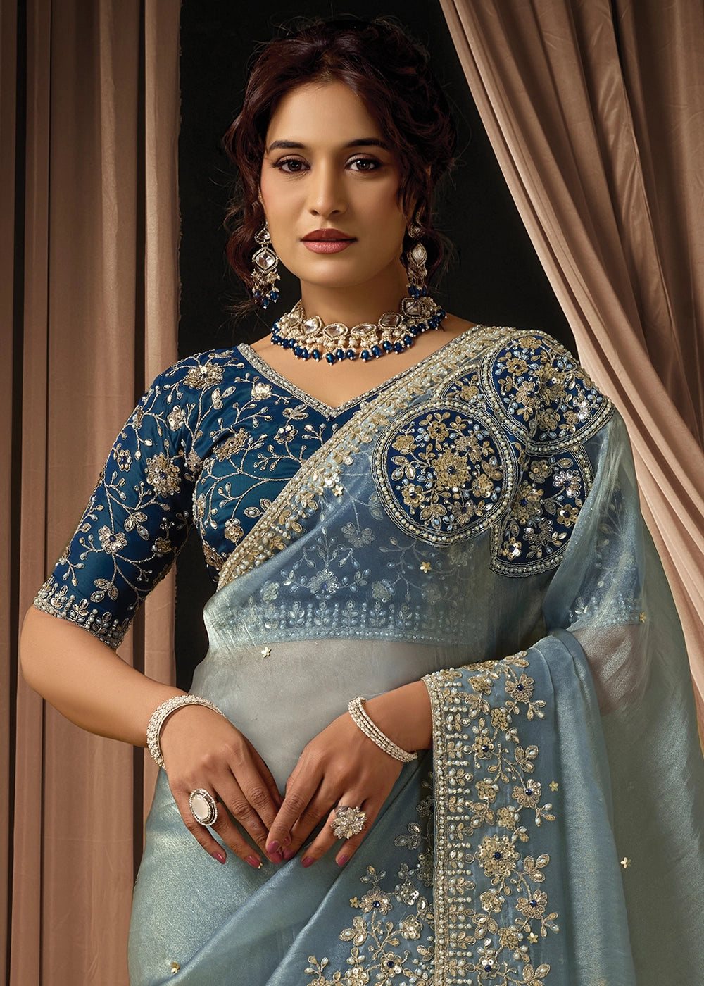 Light Blue Organza Satin Saree with Intricate Sequins, Pearls & Stone Work