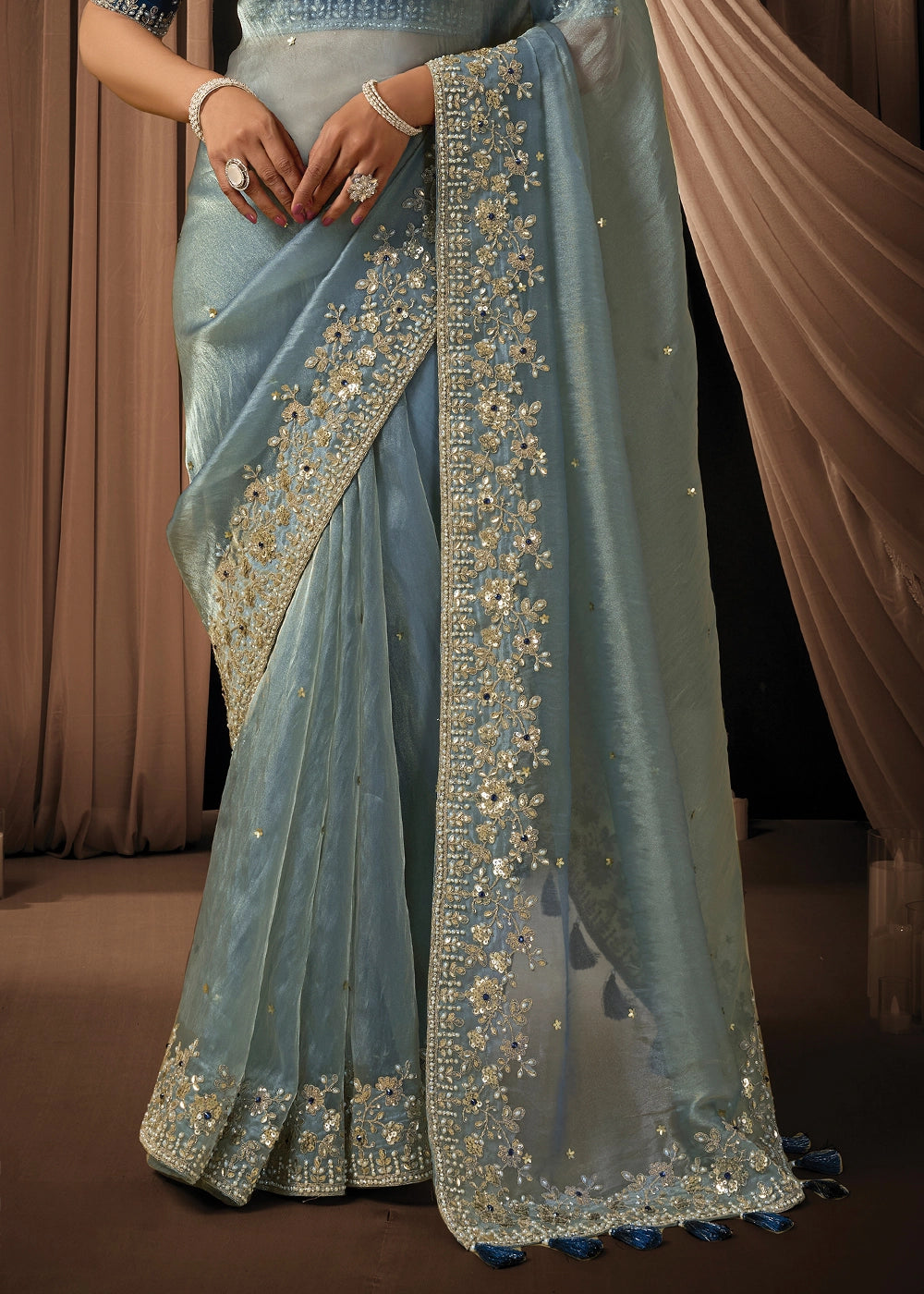 Light Blue Organza Satin Saree with Intricate Sequins, Pearls & Stone Work